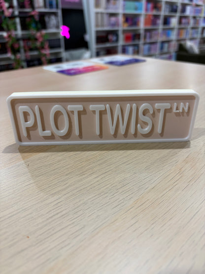 Plot Twist LN 3d printed shelf sign