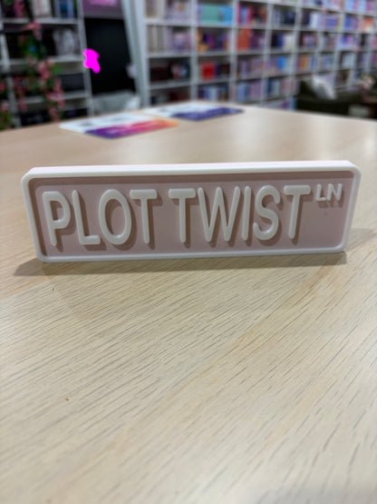 Plot Twist LN 3d printed shelf sign