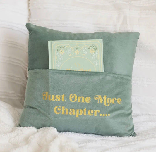 Just One More Chapter green pillow